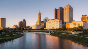 Riverside view of downtown Columbus Ohio USA at sunset