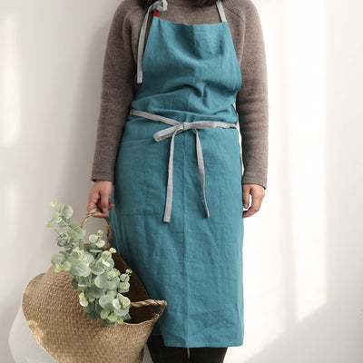 Linen blend apron teal with blue-grey